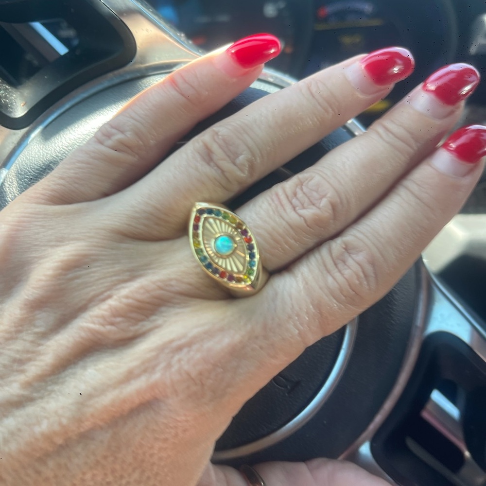 Kurt Geiger London Evil Eye Statement Ring Multicolor Crystal Gold Tone w/ Box